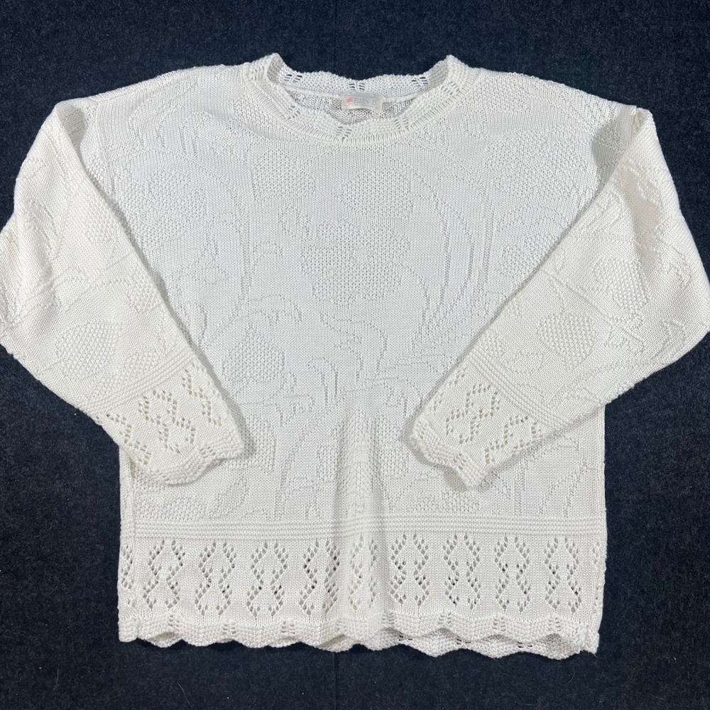 Ellen D Sweater Womens XL White Pointelle Knit Crochet Trim Vintage 90s Romantic - Picture 1 of 7